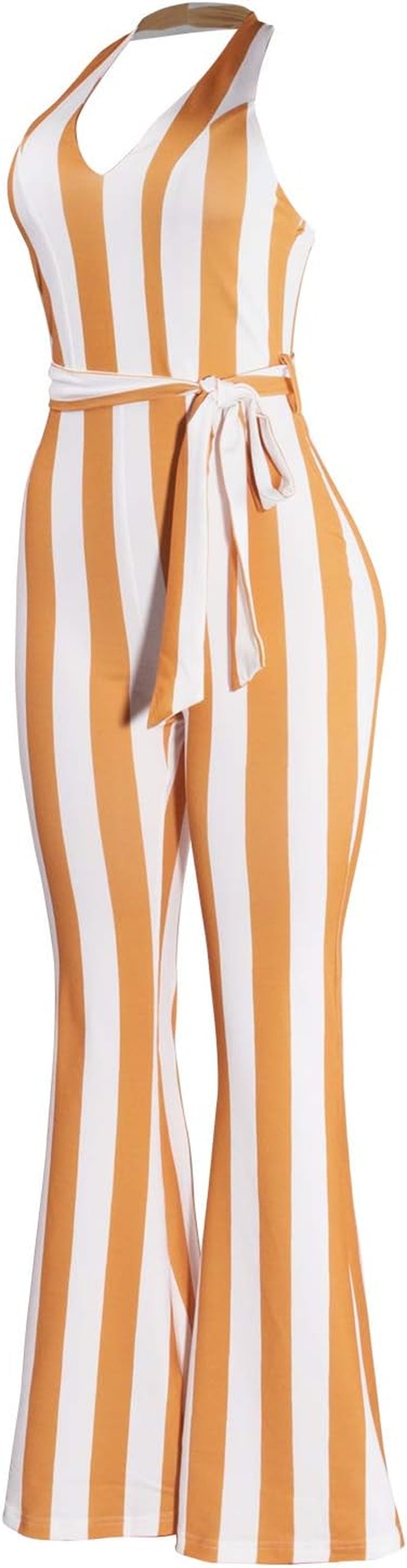 Women Deep V Neck Stripe Sexy Jumpsuit Rompers Bodycon Sleeveless Halter Jumpsuits Orange