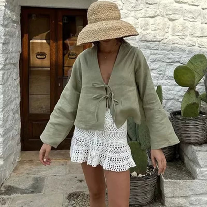 Loose Lace up Bow Shirt Women Elegant V Neck Long Flare Sleeve Lady 2024 New Spring Summer Simple High Street Female Top