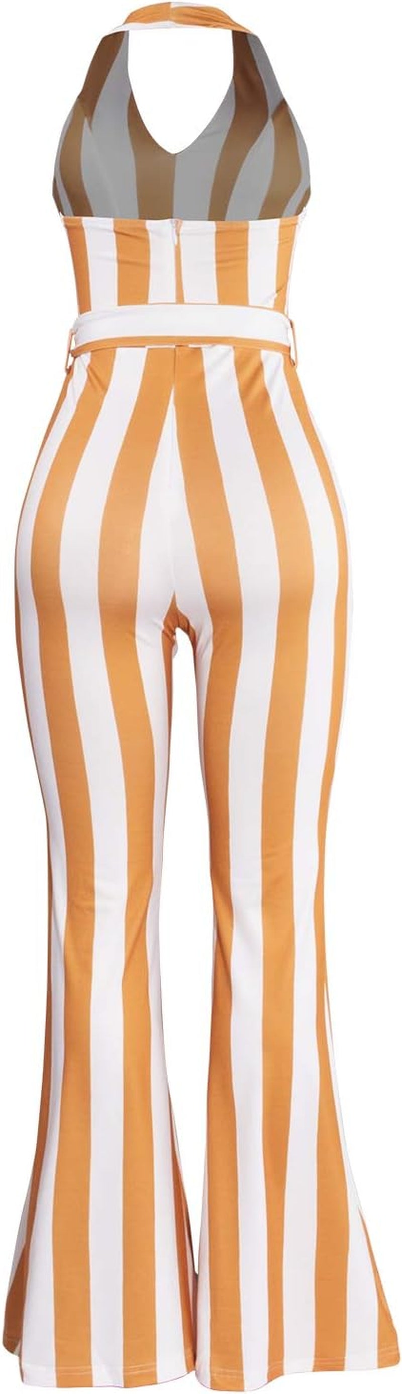 Women Deep V Neck Stripe Sexy Jumpsuit Rompers Bodycon Sleeveless Halter Jumpsuits Orange