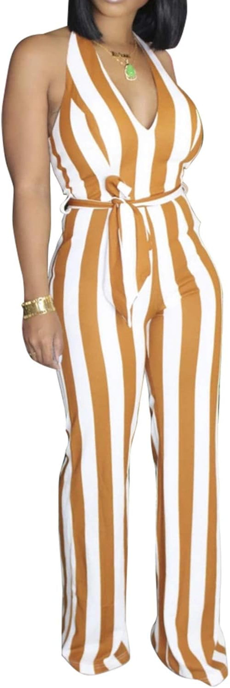 Women Deep V Neck Stripe Sexy Jumpsuit Rompers Bodycon Sleeveless Halter Jumpsuits Orange