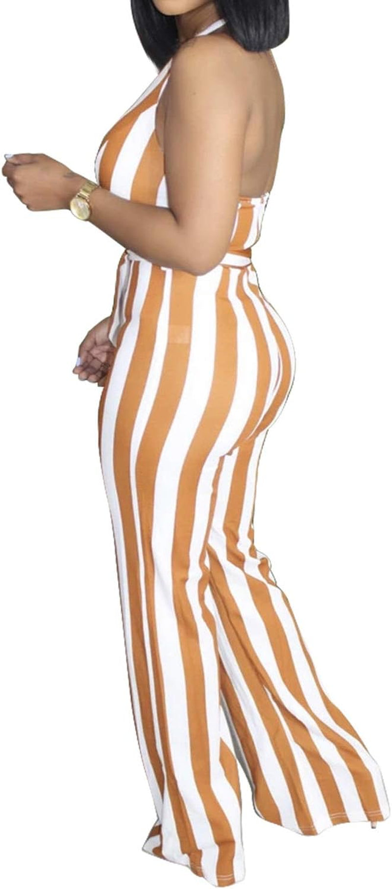 Women Deep V Neck Stripe Sexy Jumpsuit Rompers Bodycon Sleeveless Halter Jumpsuits Orange