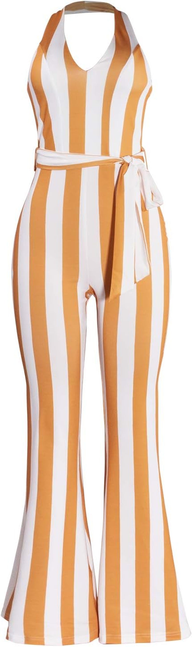 Women Deep V Neck Stripe Sexy Jumpsuit Rompers Bodycon Sleeveless Halter Jumpsuits Orange