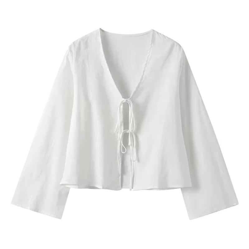 Loose Lace up Bow Shirt Women Elegant V Neck Long Flare Sleeve Lady 2024 New Spring Summer Simple High Street Female Top