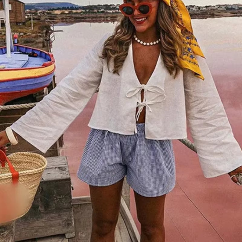 Loose Lace up Bow Shirt Women Elegant V Neck Long Flare Sleeve Lady 2024 New Spring Summer Simple High Street Female Top